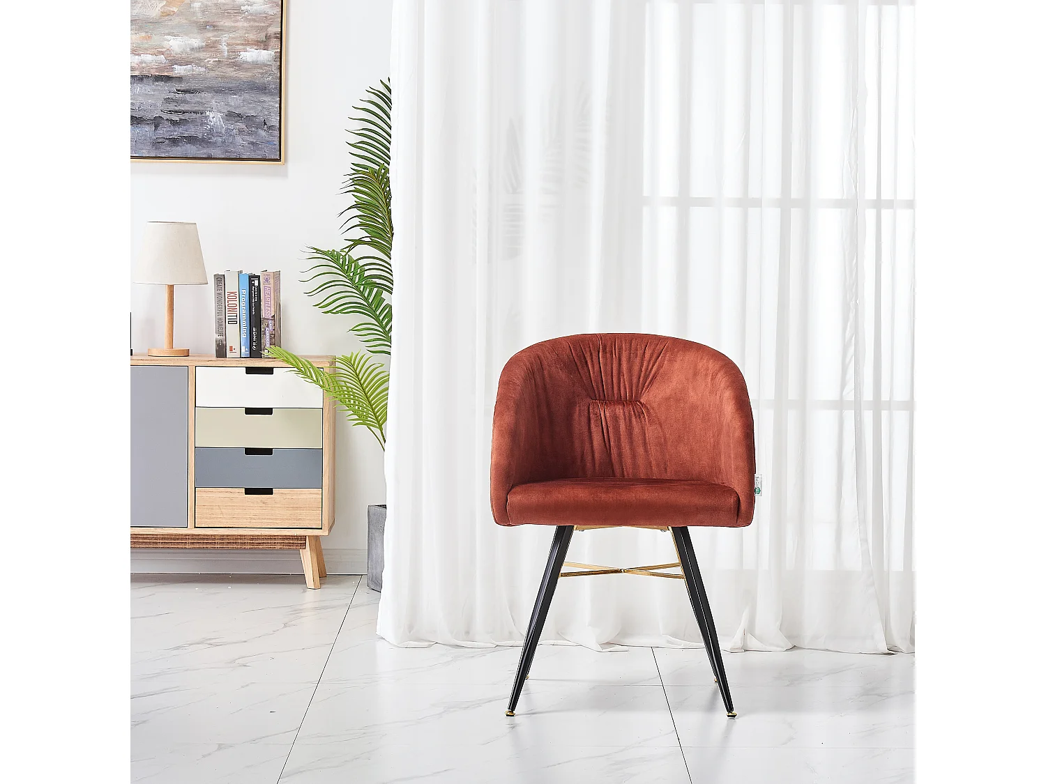 VITTORIO - Lot de 4 Fauteuils Chaises de Salle à Manger en Velours - Pieds Noirs et Dorés en Acier Inoxydable - Terracotta