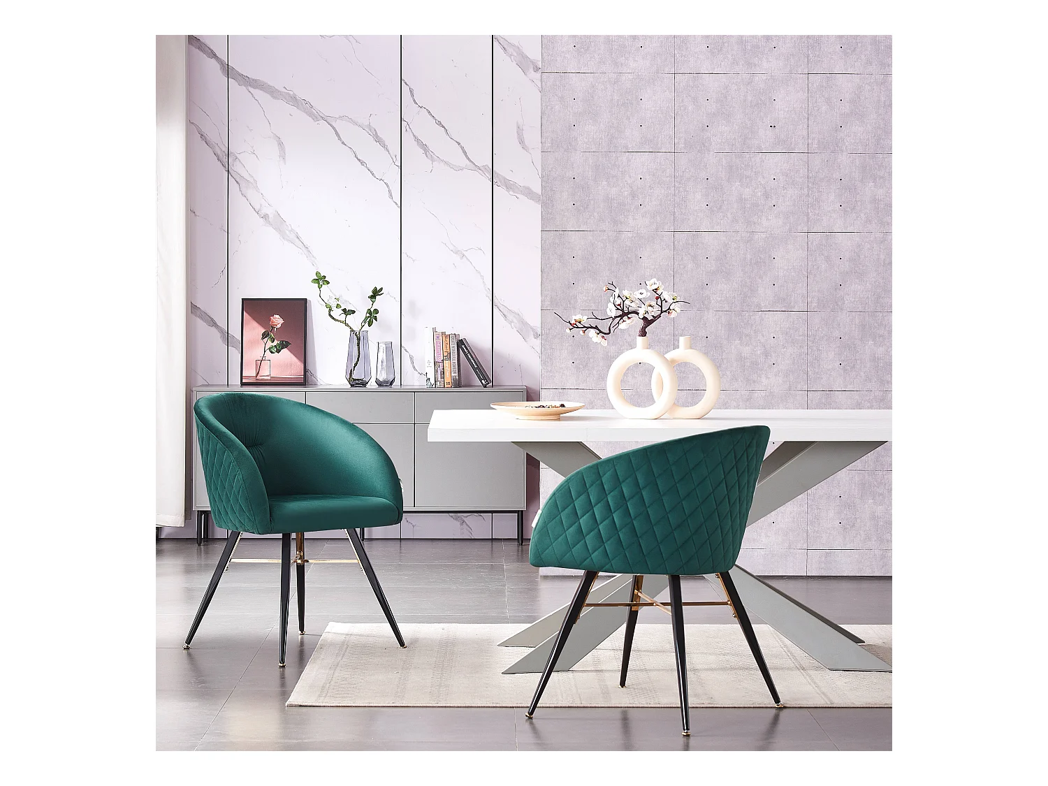 VITTORIO - Lot de 2 Fauteuils Chaises de Salle à Manger en Velours - Pieds Noirs et Dorés en Acier Inoxydable - Vert