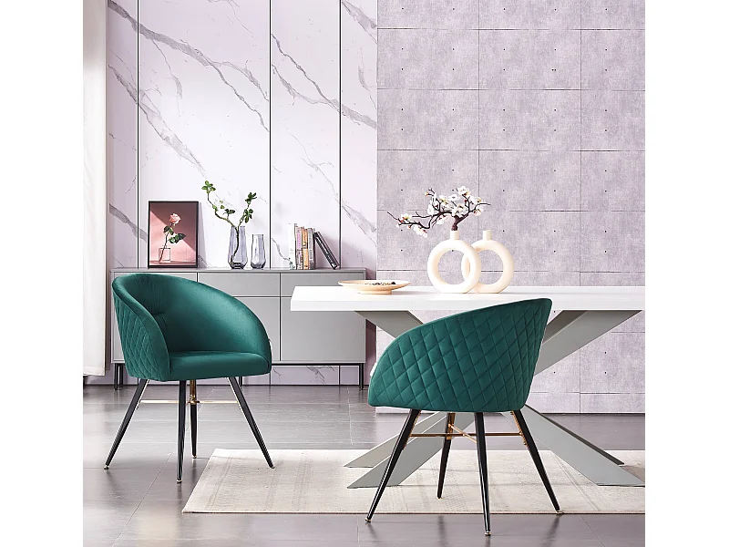 VITTORIO - Lot de 2 Fauteuils Chaises de Salle à Manger en Velours - Pieds Noirs et Dorés en Acier Inoxydable - Vert