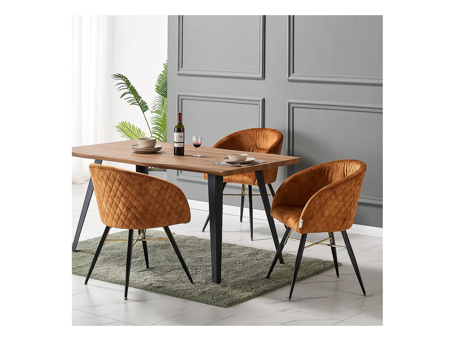 VITTORIO - Lot de 4 Fauteuils Chaises de Salle à Manger en Velours - Pieds Noirs et Dorés en Acier Inoxydable - Marron