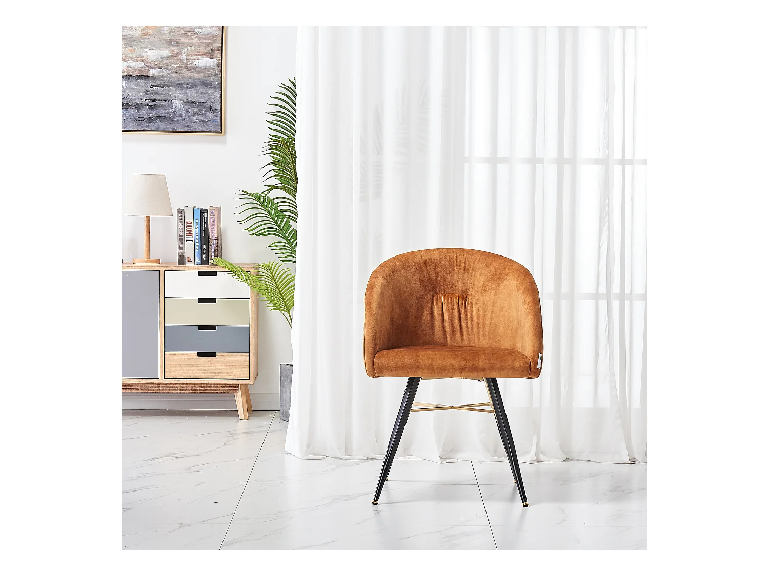 VITTORIO - Lot de 4 Fauteuils Chaises de Salle à Manger en Velours - Pieds Noirs et Dorés en Acier Inoxydable - Marron