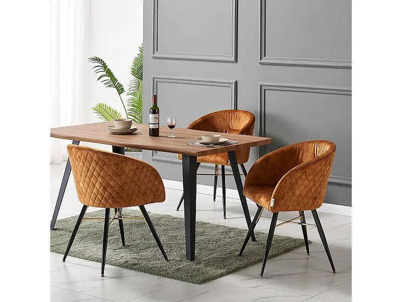 VITTORIO - Lot de 4 Fauteuils Chaises de Salle à Manger en Velours - Pieds Noirs et Dorés en Acier Inoxydable - Marron