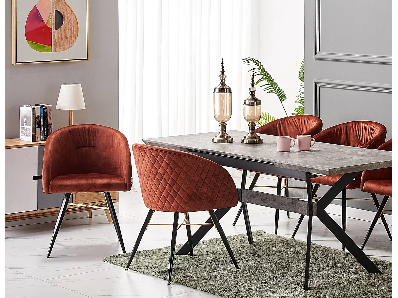 VITTORIO - Lot de 6 Fauteuils Chaises de Salle à Manger en Velours - Pieds Noirs et Dorés en Acier Inoxydable - Terracotta