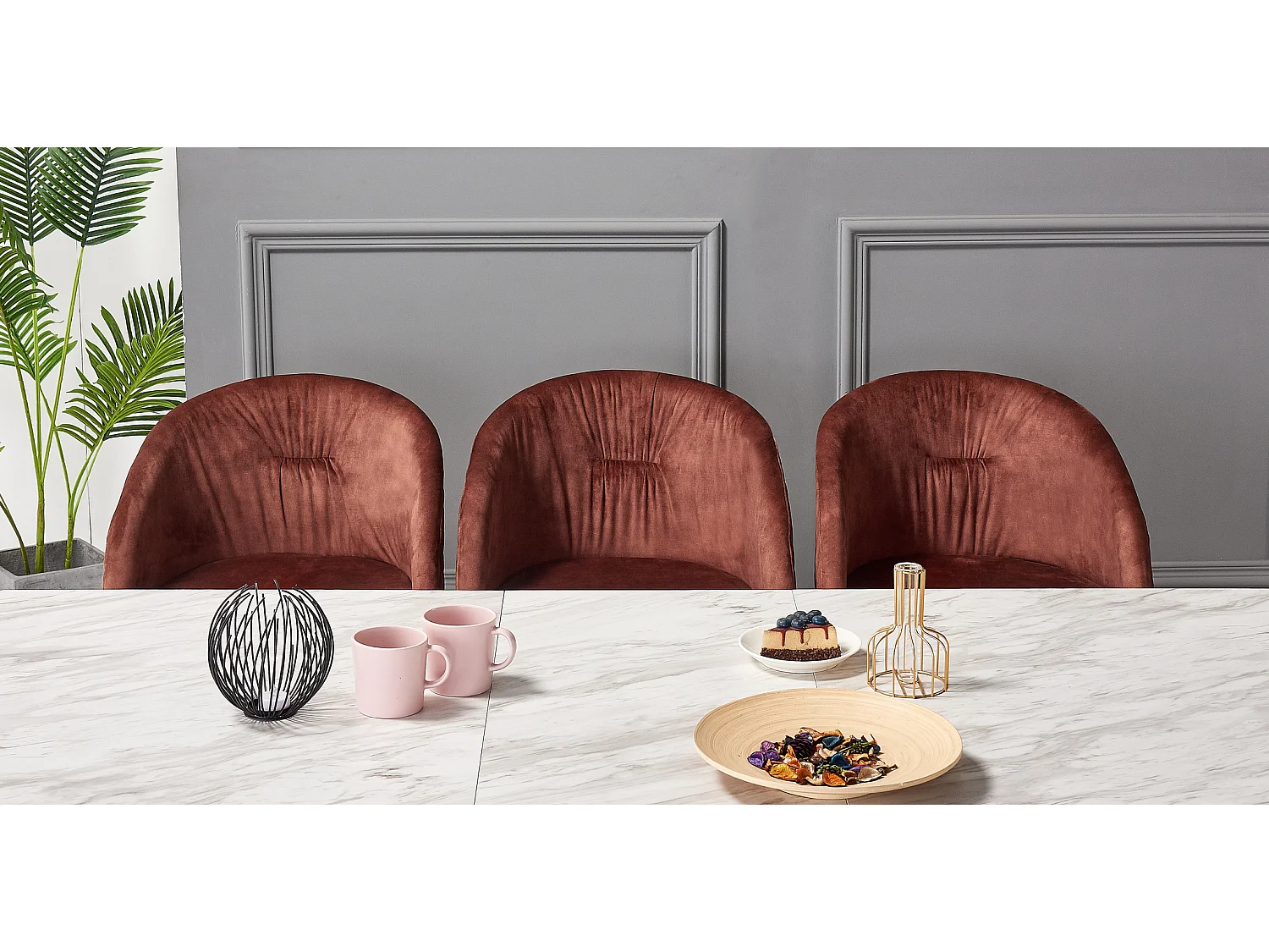 VITTORIO - Lot de 6 Fauteuils Chaises de Salle à Manger en Velours - Pieds Noirs et Dorés en Acier Inoxydable - Terracotta