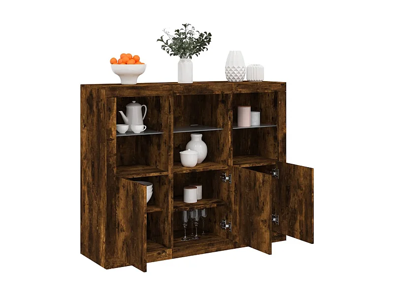 Credenze | Buffet | Armadi con Luci LED 3 pz Rovere Fumo in Legno Multistrato