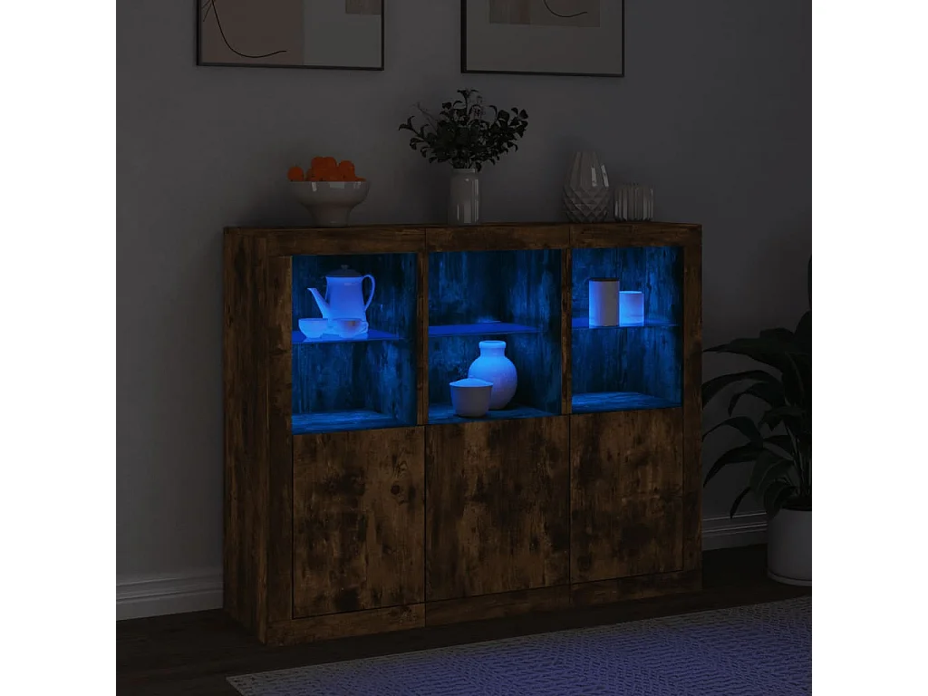 Credenze | Buffet | Armadi con Luci LED 3 pz Rovere Fumo in Legno Multistrato
