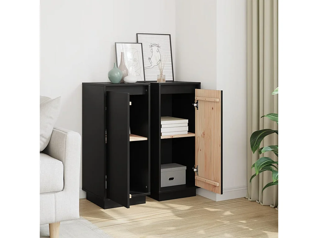 Credenze | Buffet | Armadi 2 pz Nere 31,5x34x75 cm in Legno Massello di Pino