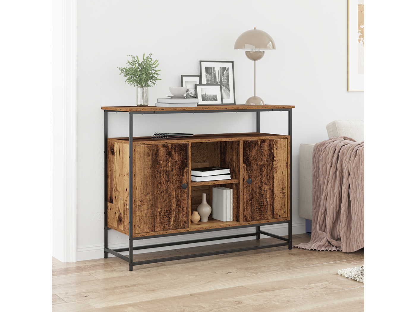 Costway Armadio Buffet Moderno Con Porte Scomparti Aperti Gambe In Metallo, Armadio Credenza Da Cucina Soggiorno Noce