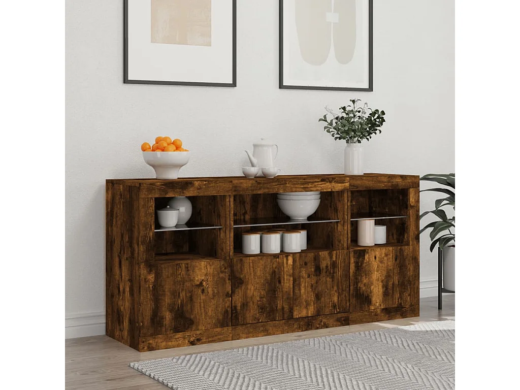 Buffet | Bahut | Meuble de rangement avec lumières LED chêne fumé 142,5x37x67 cm
