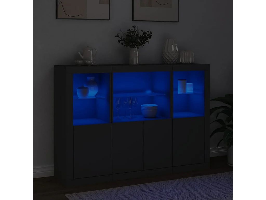 Credenze | Buffet | Armadi con Luci LED 3 pz Nere in Legno Multistrato