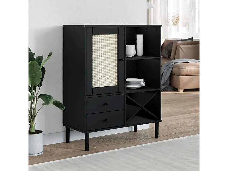 Credenza | Buffet | Armadio SENJA Aspetto Rattan Nero 90x40x112 cm Massello Pino