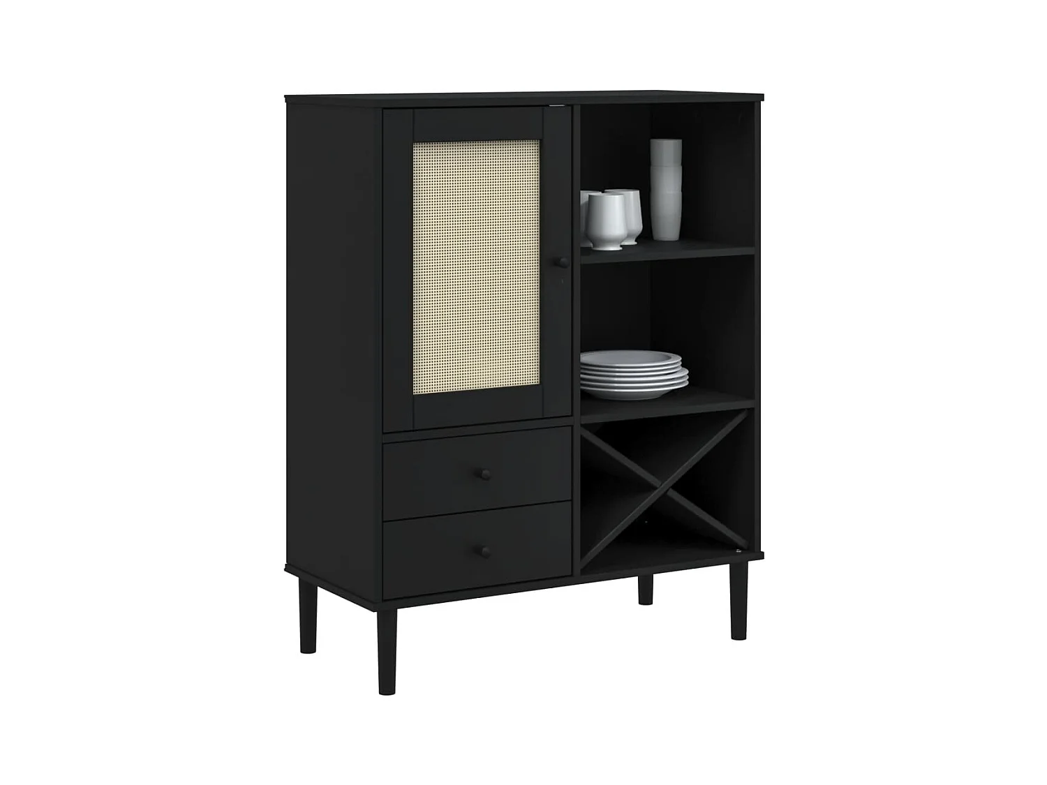 Buffet | Commode à tiroir | Meuble de rangement SENJA aspect rotin noir 90x40x112cm bois massif de pin