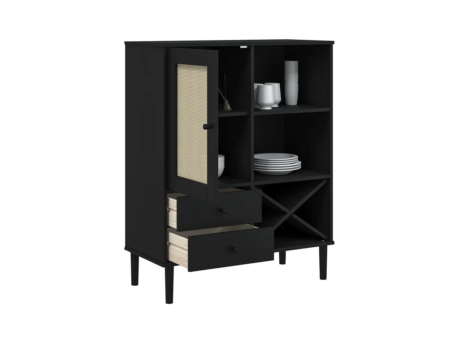 Buffet | Commode à tiroir | Meuble de rangement SENJA aspect rotin noir 90x40x112cm bois massif de pin