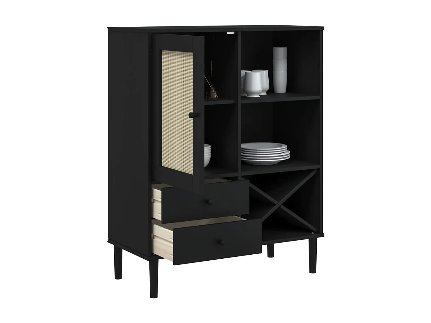 Credenza | Buffet | Armadio SENJA Aspetto Rattan Nero 90x40x112 cm Massello Pino