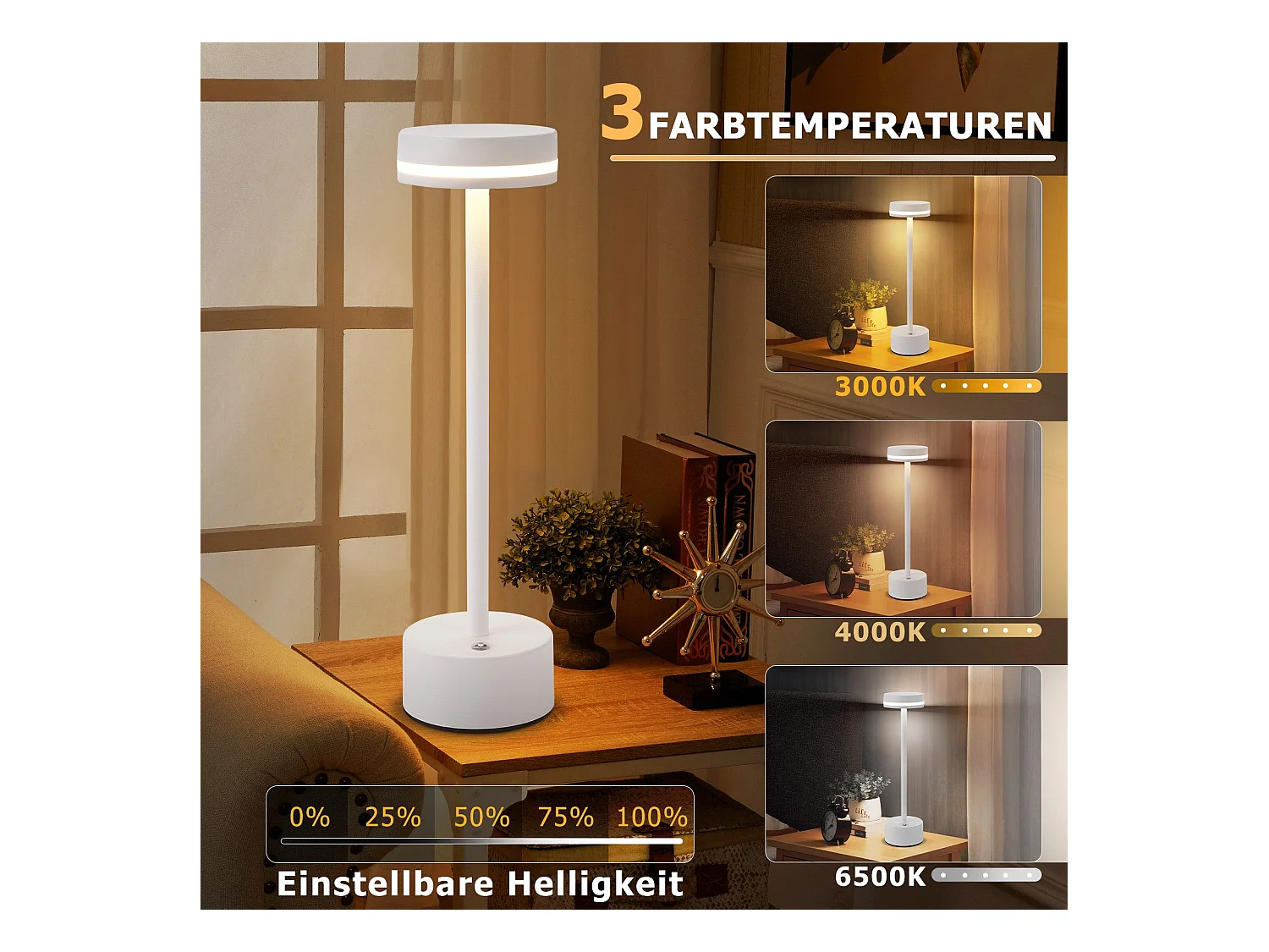 NETTLIFE LED-tafellamp, op batterijen, draadloos, dimbaar, oplaadbaar via USB-C, touchbediening, voor slaapkamer en eetkamer (wit, 2 stuks)