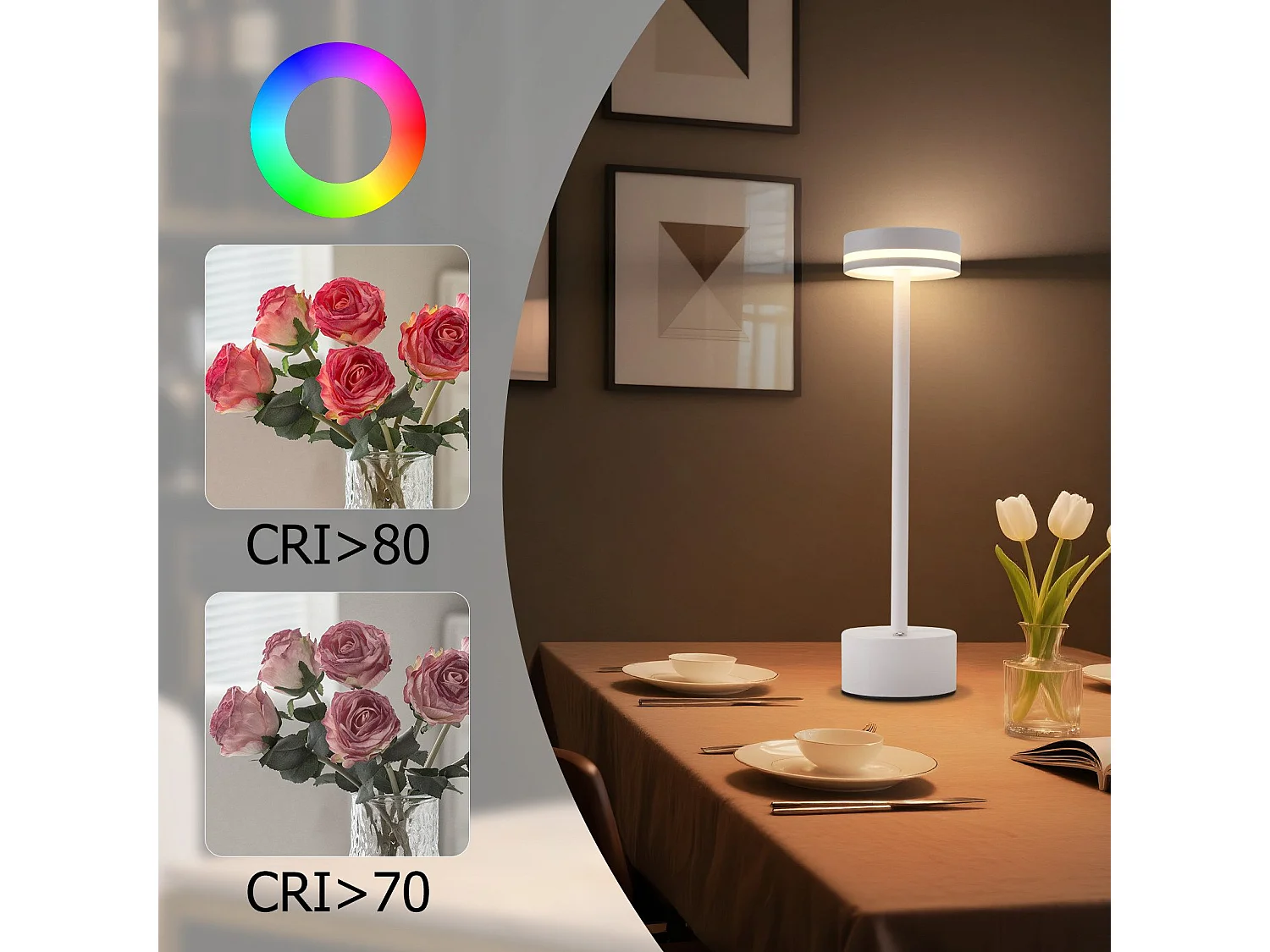 NETTLIFE LED-tafellamp, op batterijen, draadloos, dimbaar, oplaadbaar via USB-C, touchbediening, voor slaapkamer en eetkamer (wit, 2 stuks)