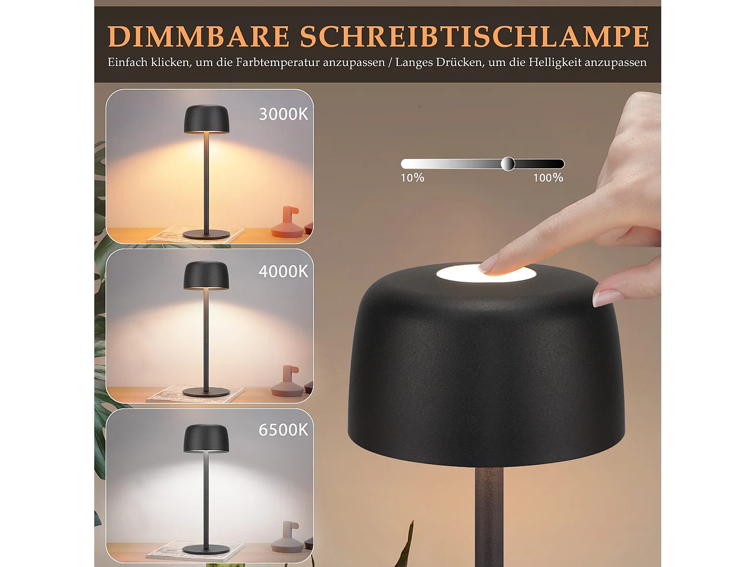 NETTLIFE Lot de 2 Lampe de table LED sans fil, lampe de chevet à réglage continu avec batterie