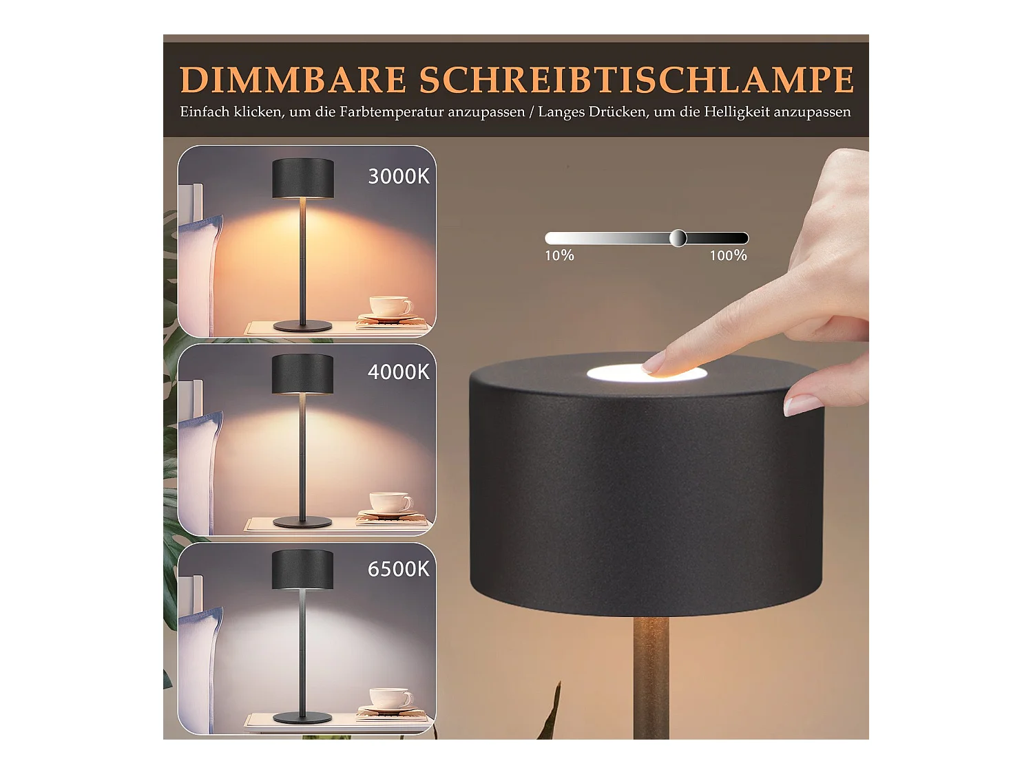 NETTLIFE Bezprzewodowa lampa stołowa LED, zestaw 2 szt.: Ściemnialna lampa stołowa dotykowa z 3 temperaturami barw, regulowana wysokość, USB