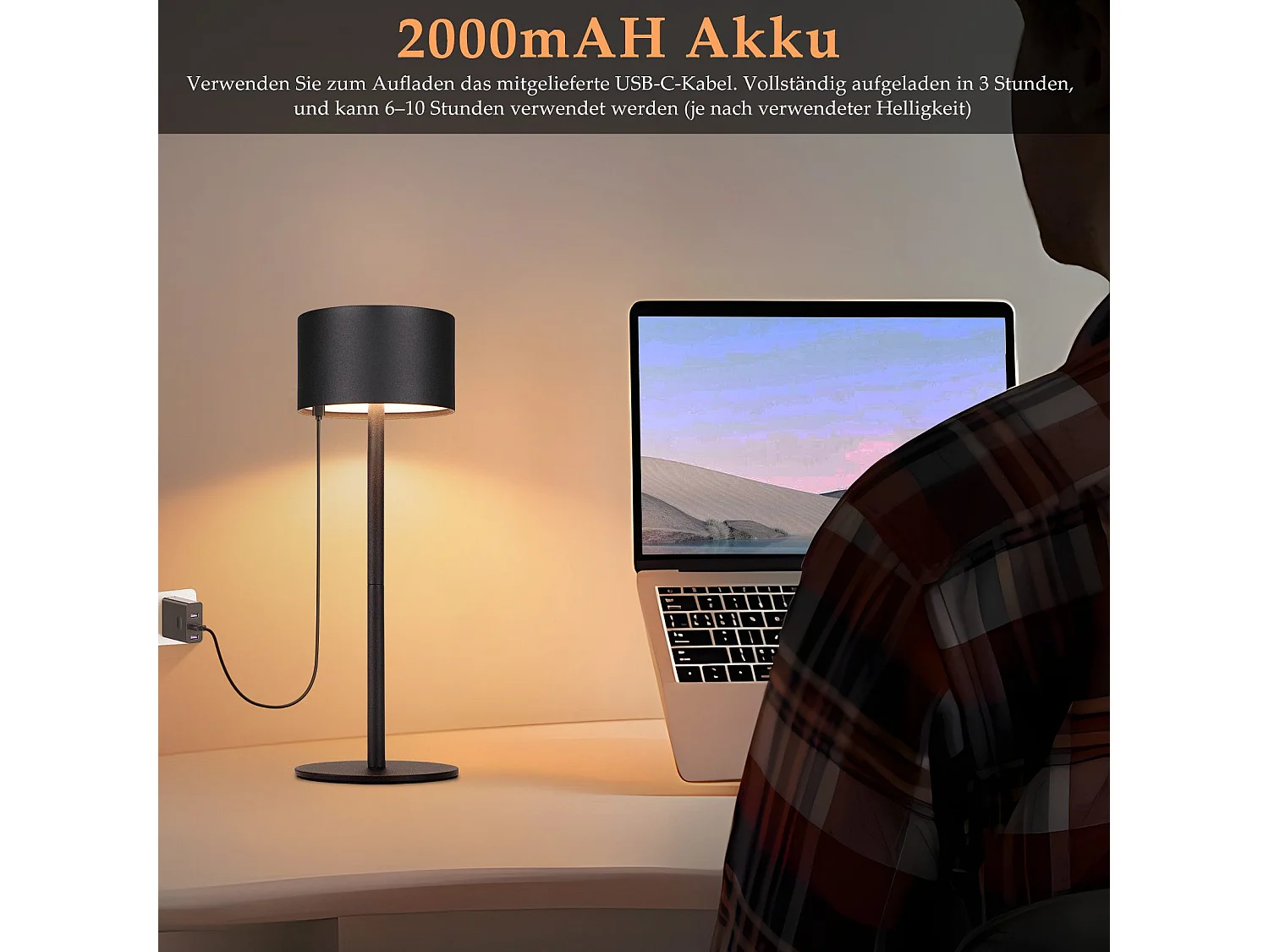 NETTLIFE Lampe de table LED sans fil, lot de 2 : lampe de table tactile à intensité variable avec 3 températures de couleur, réglable en hauteur, USB