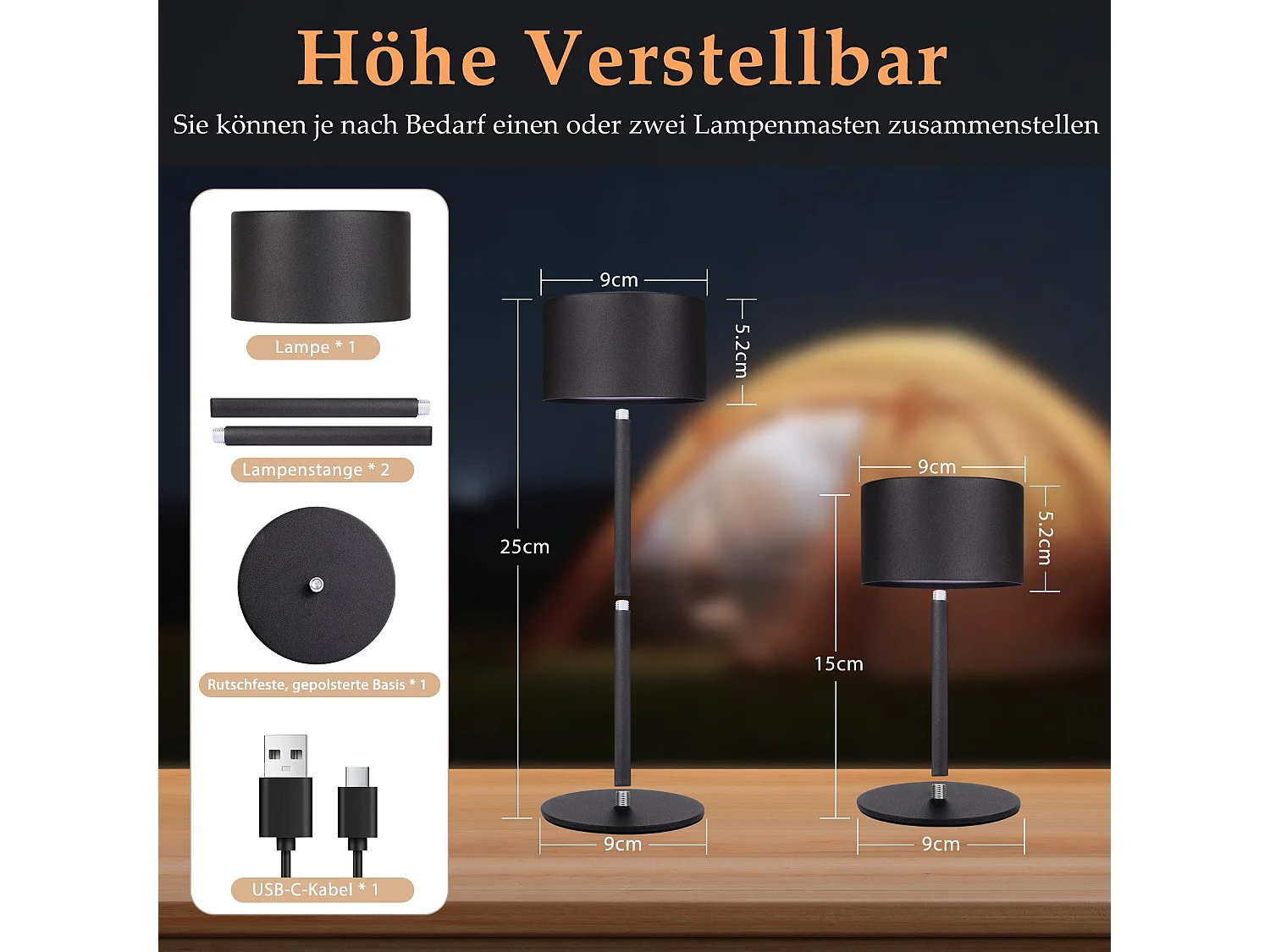 NETTLIFE Lampe de table LED sans fil, lot de 2 : lampe de table tactile à intensité variable avec 3 températures de couleur, réglable en hauteur, USB