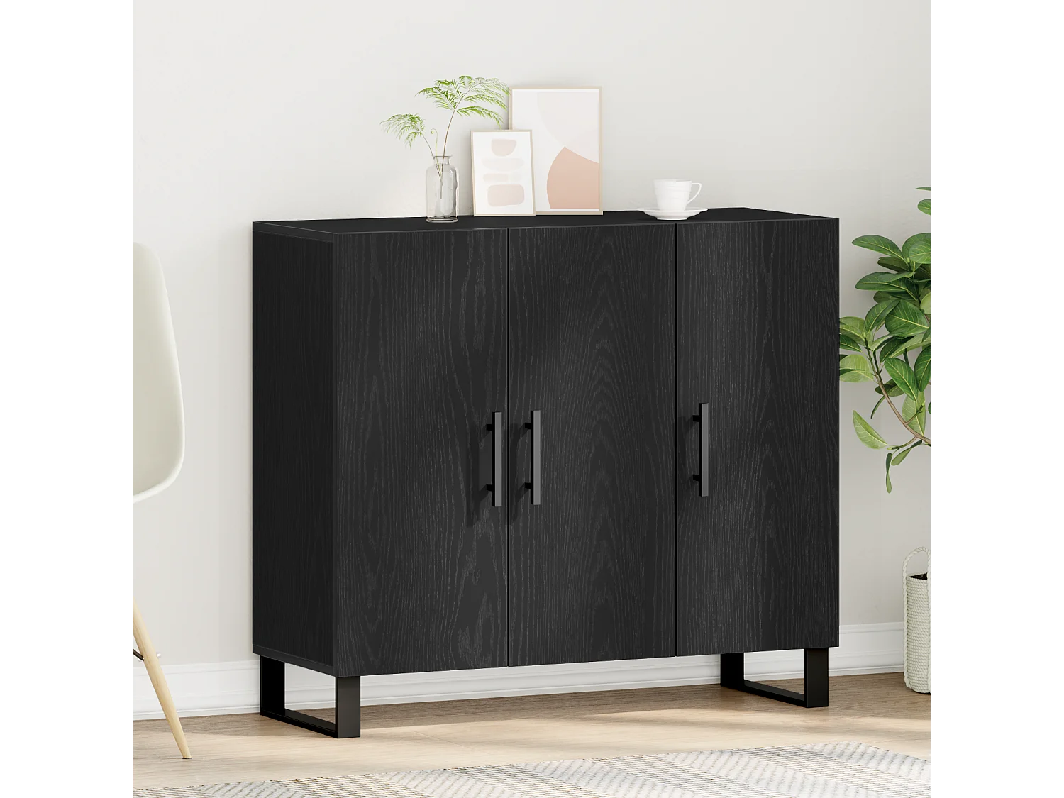 Buffet | Bahut | Meuble de rangement avec 3 portes en chêne noir 90x34x80 cm en bois d'ingénierie