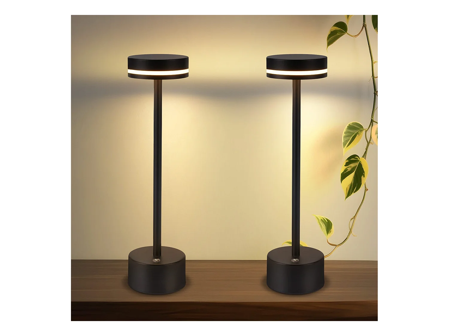 NETTLIFE Lampe de table led à piles, sans fil, à intensité variable, rechargeable par usb-c, tactile, dorée, pour chambre, bureau (noir, lot de 2)