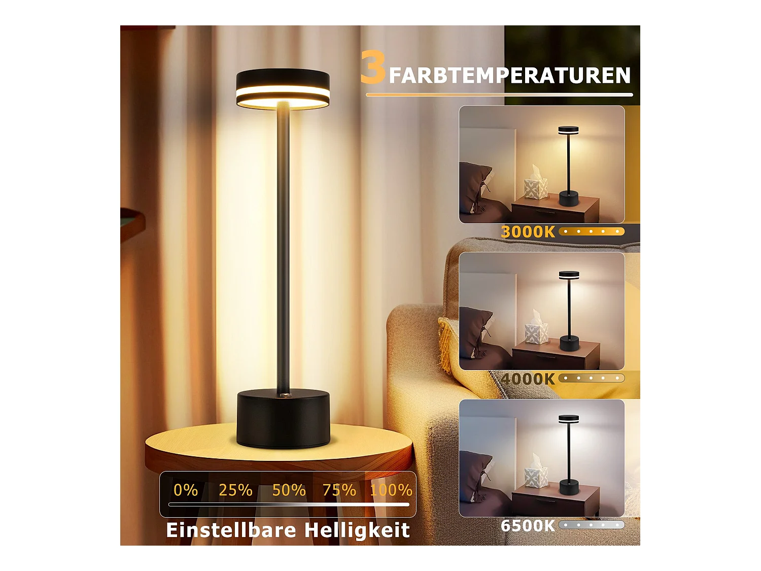 NETTLIFE Lampe de table led à piles, sans fil, à intensité variable, rechargeable par usb-c, tactile, dorée, pour chambre, bureau (noir, lot de 2)