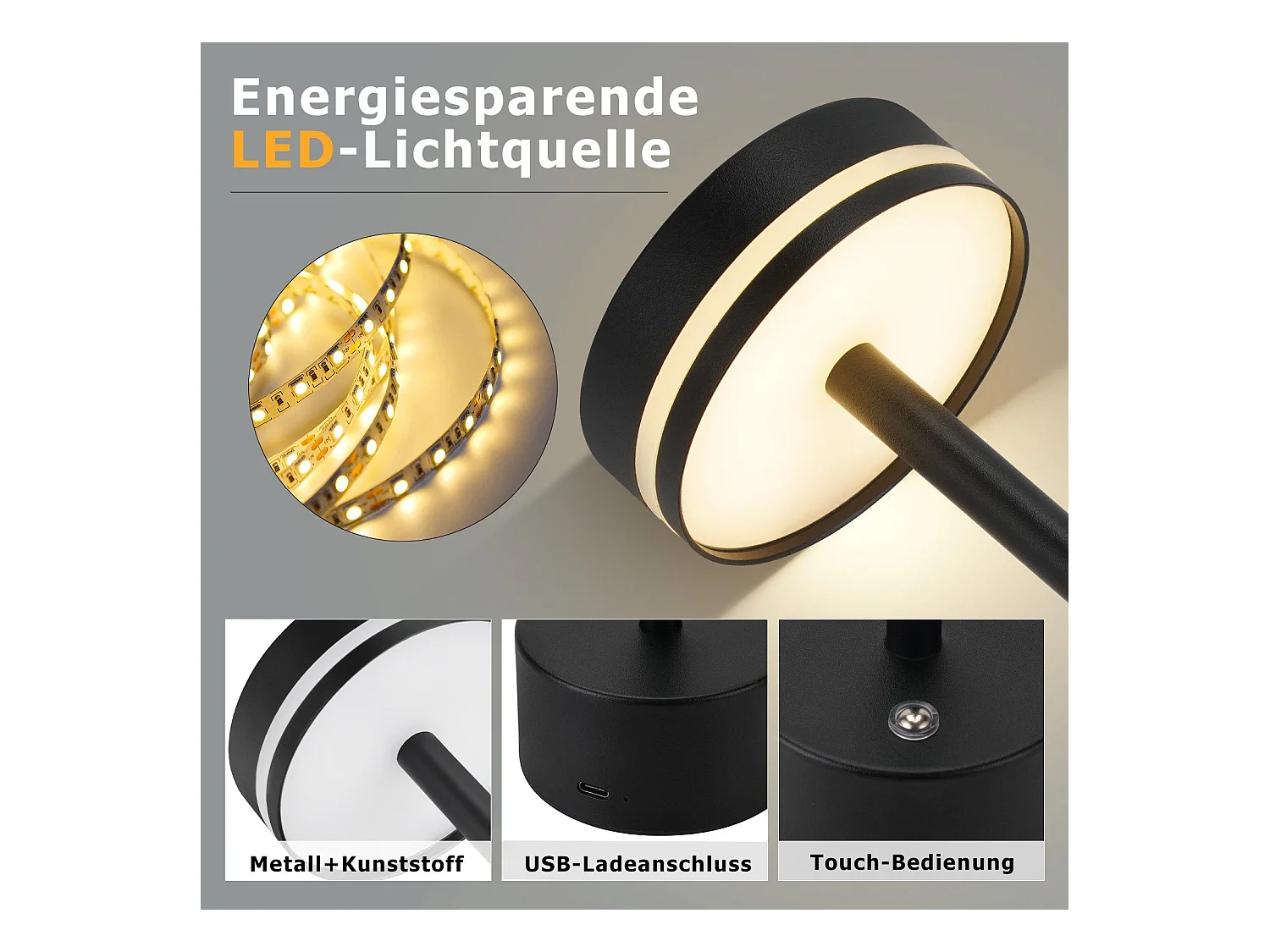 NETTLIFE Lampe de table led à piles, sans fil, à intensité variable, rechargeable par usb-c, tactile, dorée, pour chambre, bureau (noir, lot de 2)