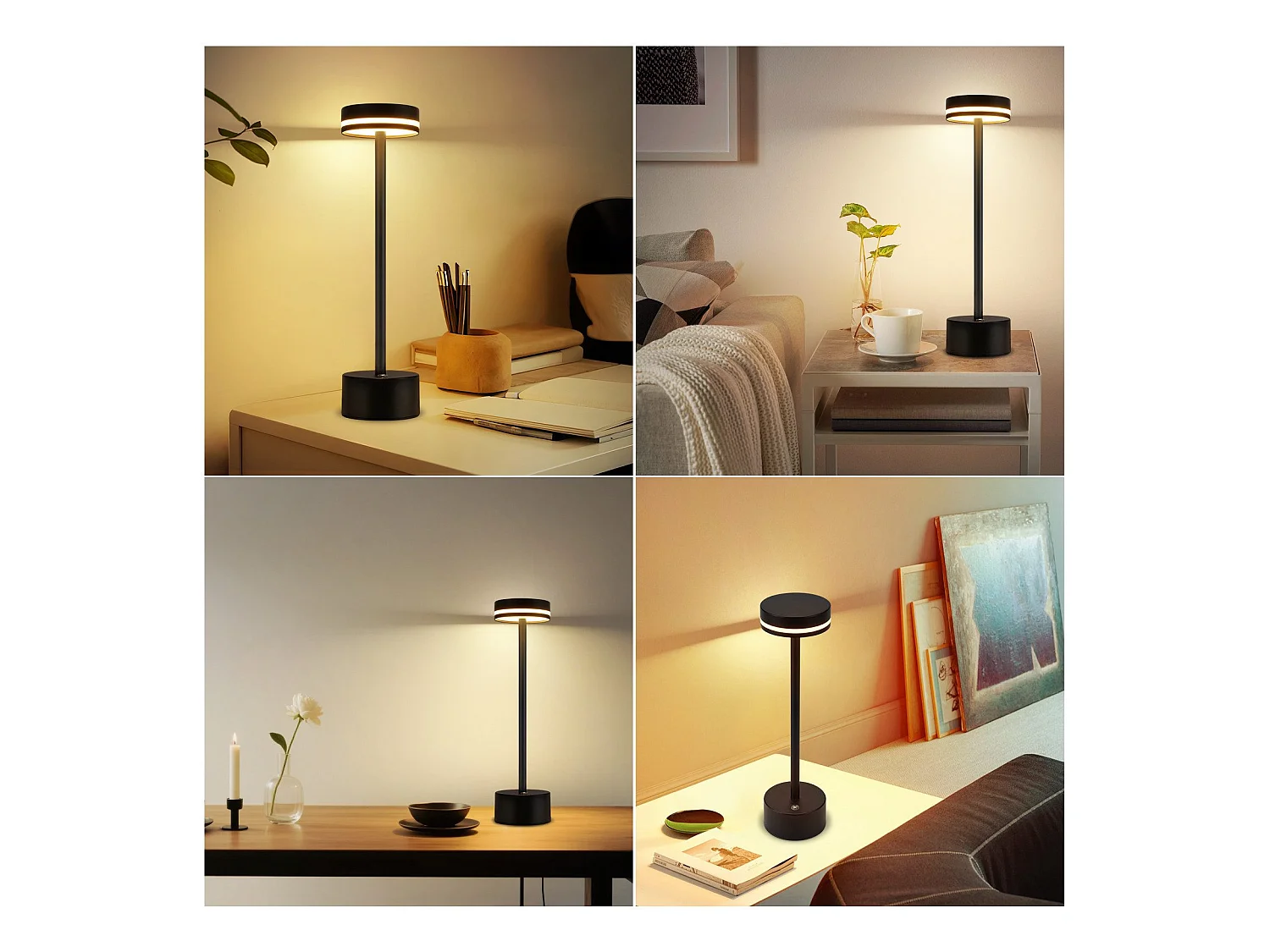 NETTLIFE Lampe de table led à piles, sans fil, à intensité variable, rechargeable par usb-c, tactile, dorée, pour chambre, bureau (noir, lot de 2)