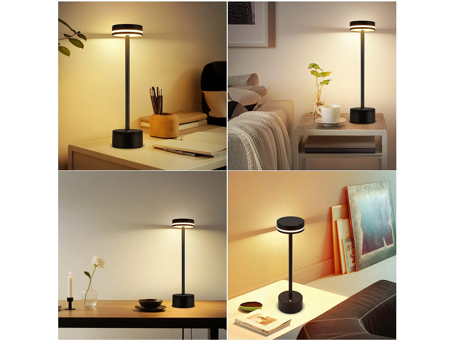 NETTLIFE Lampe de table led à piles, sans fil, à intensité variable, rechargeable par usb-c, tactile, dorée, pour chambre, bureau (noir, lot de 2)