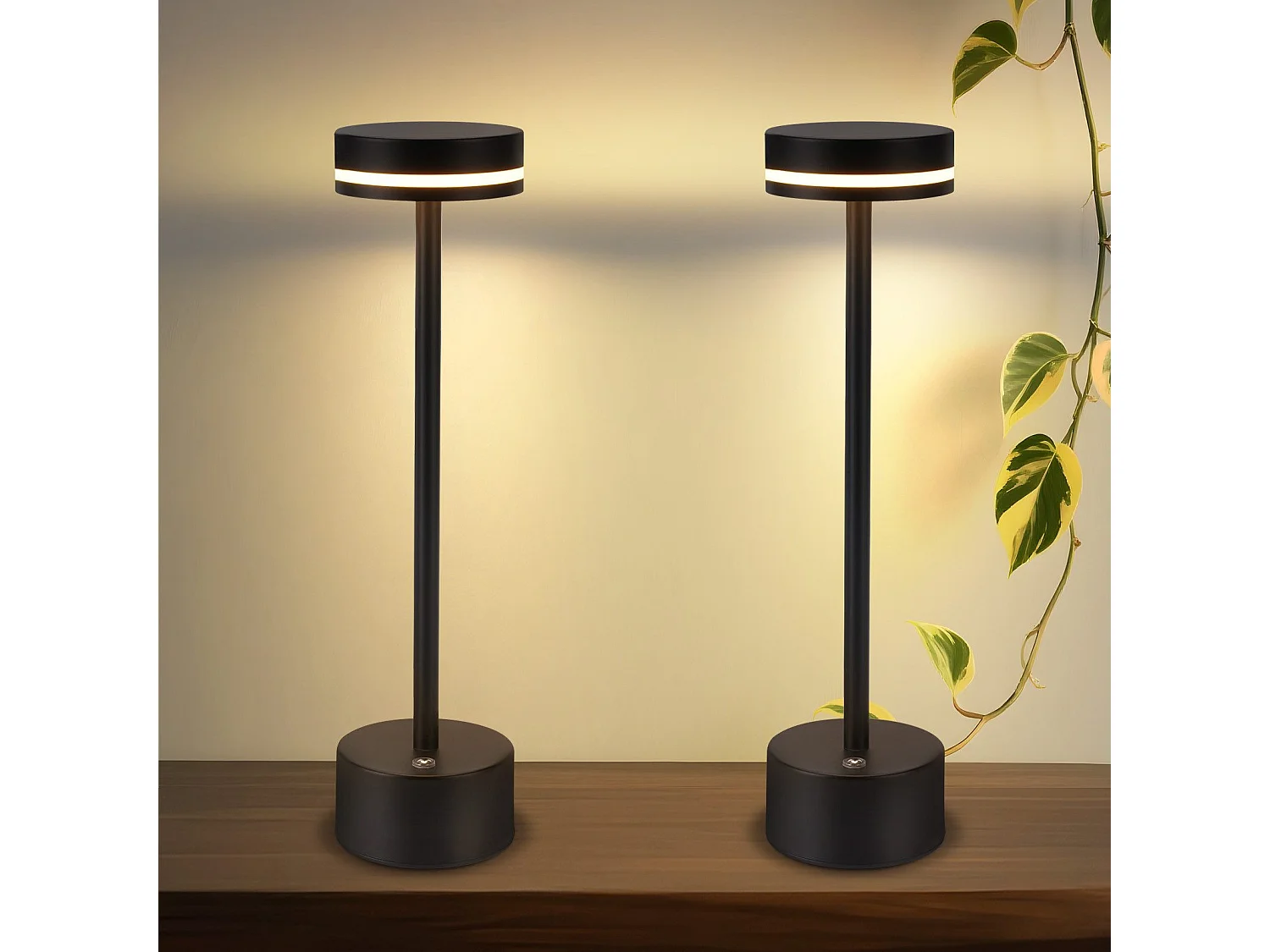 NETTLIFE Lampe de table led à piles, sans fil, à intensité variable, rechargeable par usb-c, tactile, dorée, pour chambre, bureau (noir, lot de 2)