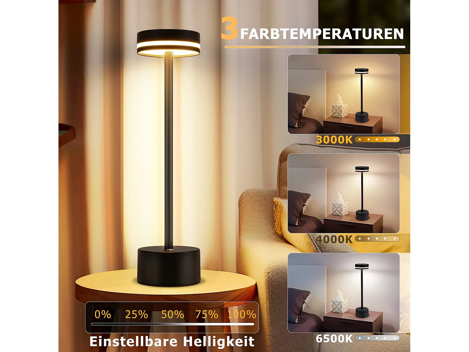 NETTLIFE Lampe de table led à piles, sans fil, à intensité variable, rechargeable par usb-c, tactile, dorée, pour chambre, bureau (noir, lot de 2)