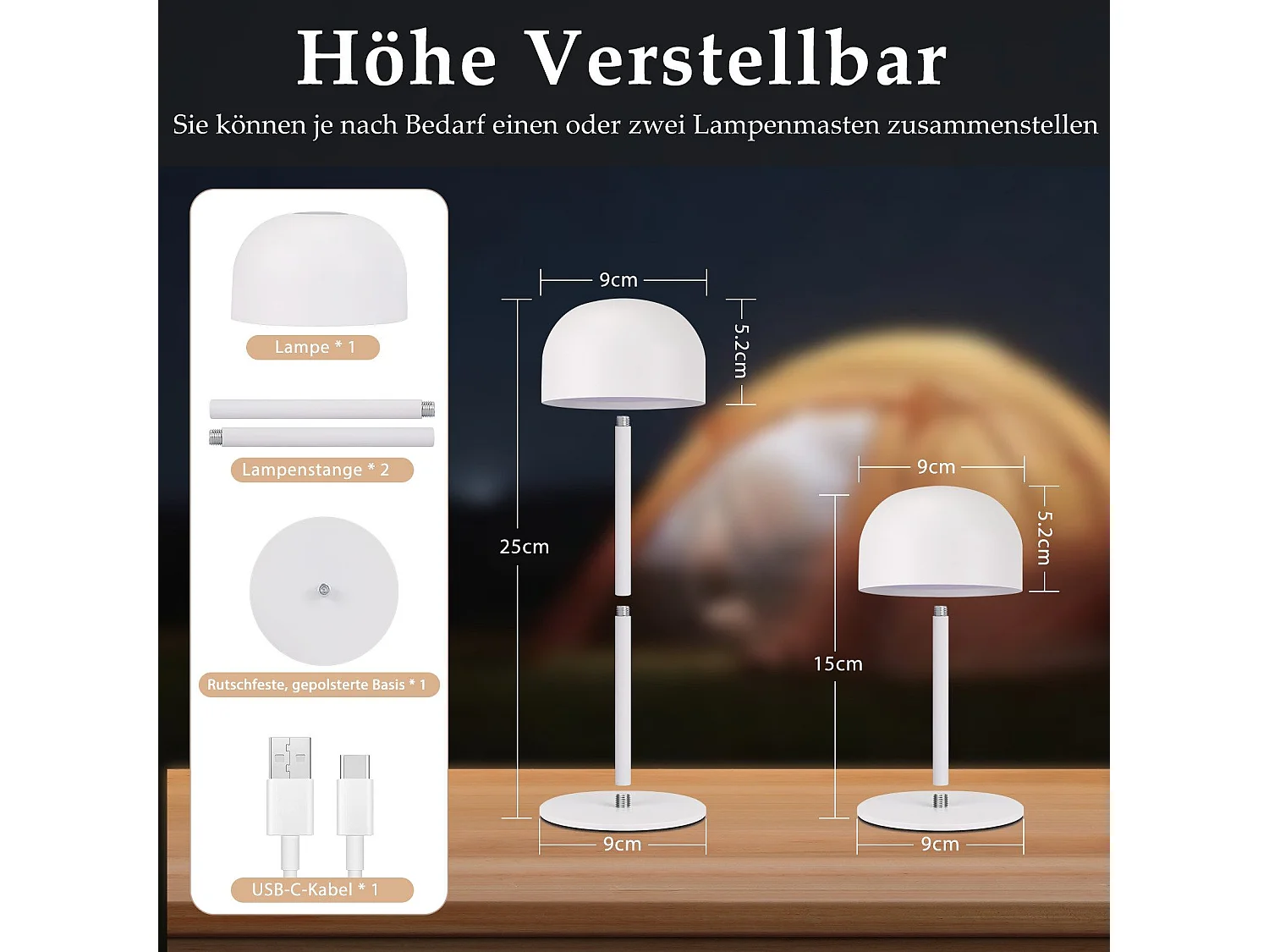 NETTLIFE Lampe de table LED sans fil : lampe de table tactile à intensité variable avec 3 températures de couleur USB