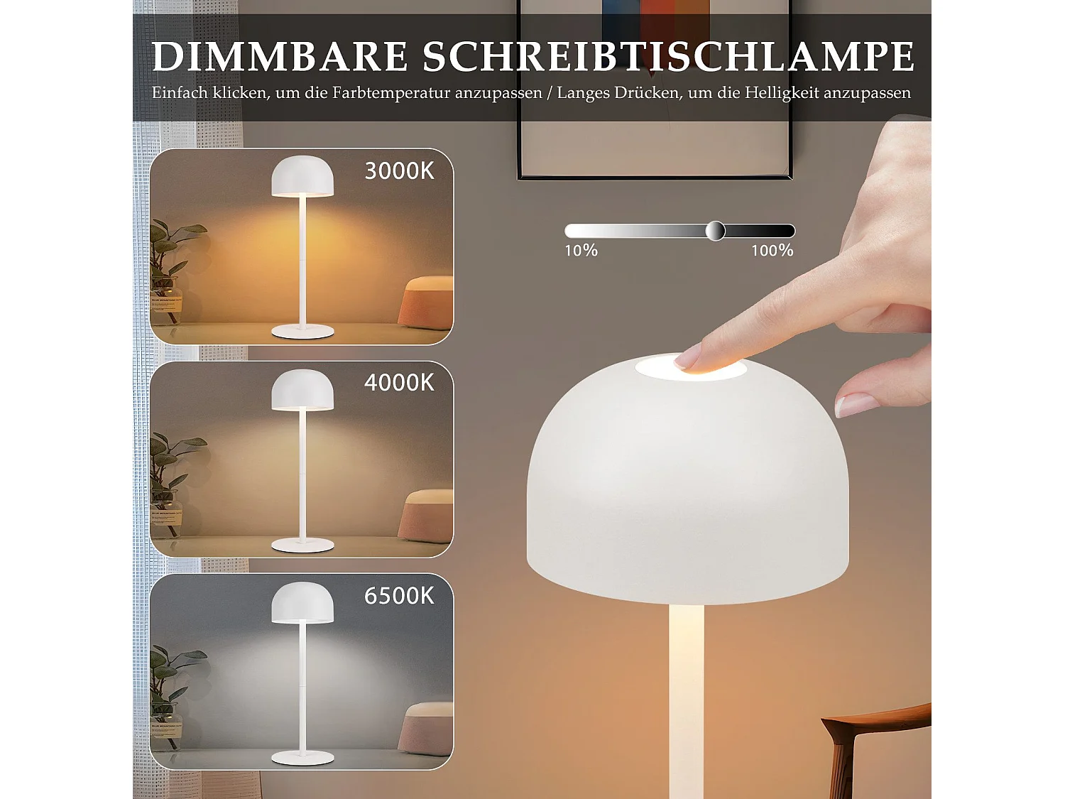 NETTLIFE Draadloze LED-tafellamp: Dimbare touch-tafellamp met 3 kleurtemperaturen USB