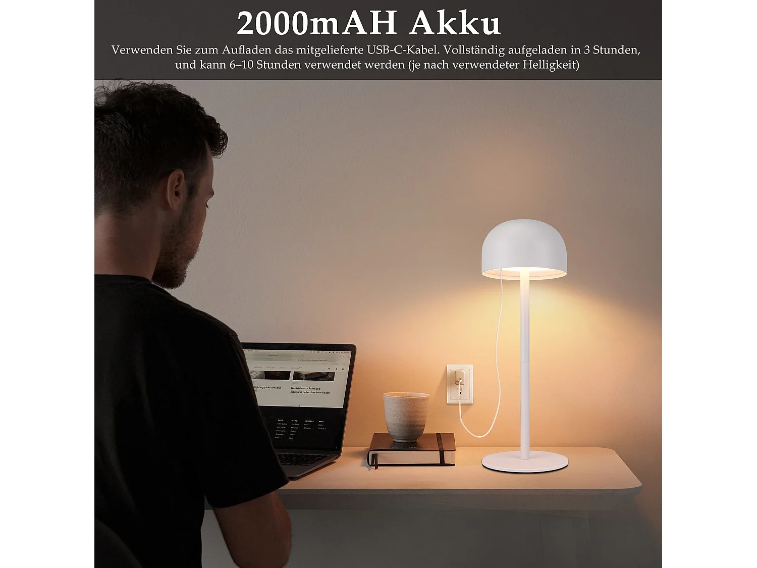 NETTLIFE Kabellose LED-Tischlampe: Dimmbare Touch-Tischlampe mit 3 Farbtemperaturen USB