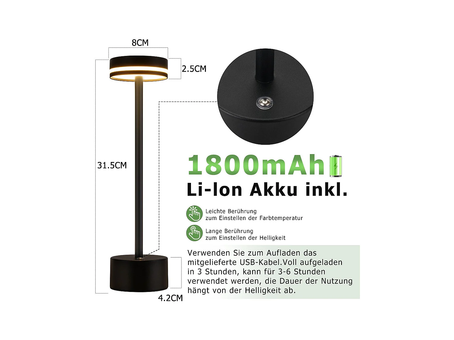 NETTLIFE Lampe de table led sans fil nettlife, lampe de chevet à intensité variable 3 000 k-6 500 k avec port usb-c, tactile, noire