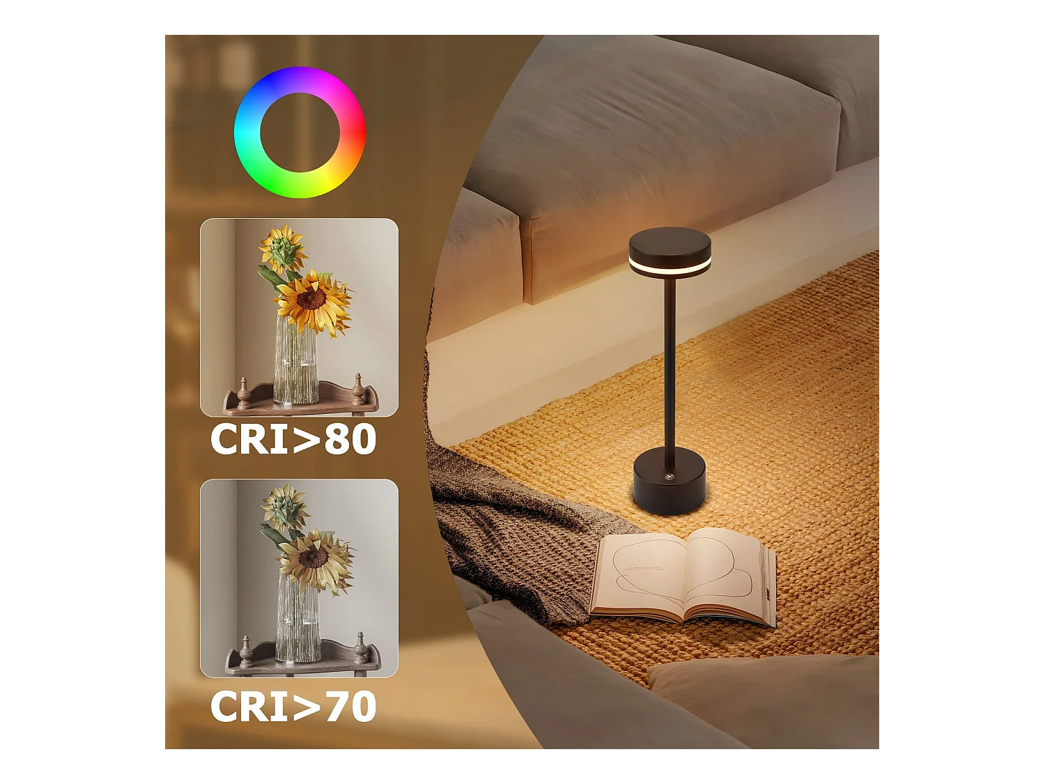 NETTLIFE Lampe de table led sans fil nettlife, lampe de chevet à intensité variable 3 000 k-6 500 k avec port usb-c, tactile, noire