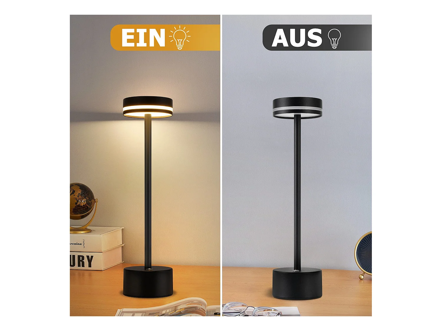 NETTLIFE Lampe de table led sans fil nettlife, lampe de chevet à intensité variable 3 000 k-6 500 k avec port usb-c, tactile, noire