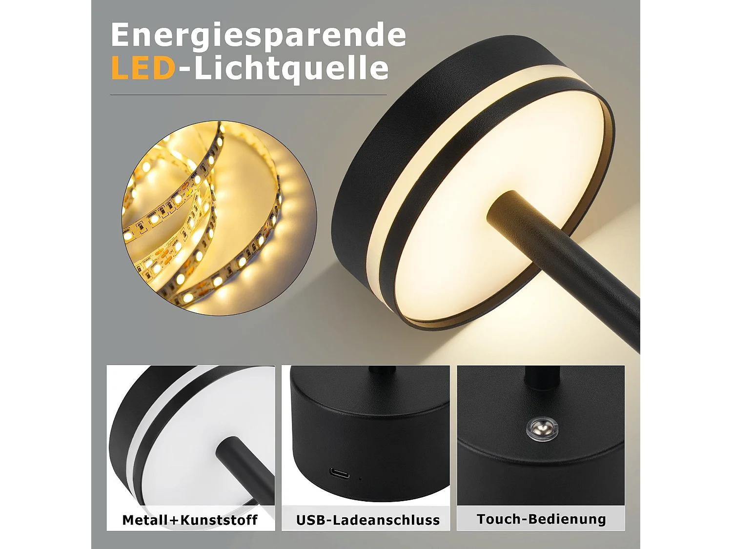 NETTLIFE Lampe de table led sans fil nettlife, lampe de chevet à intensité variable 3 000 k-6 500 k avec port usb-c, tactile, noire