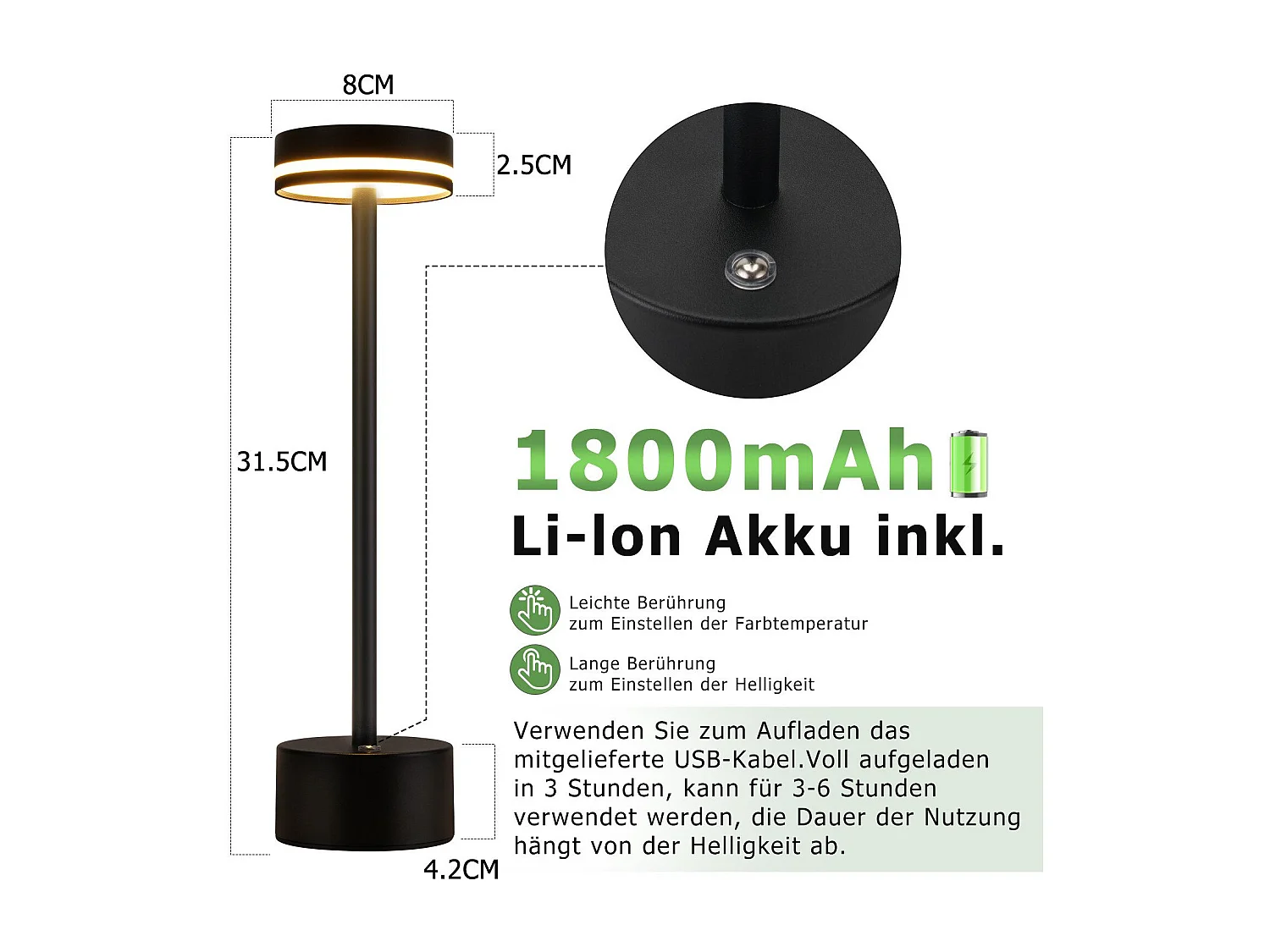 NETTLIFE Lampe de table led sans fil nettlife, lampe de chevet à intensité variable 3 000 k-6 500 k avec port usb-c, tactile, noire