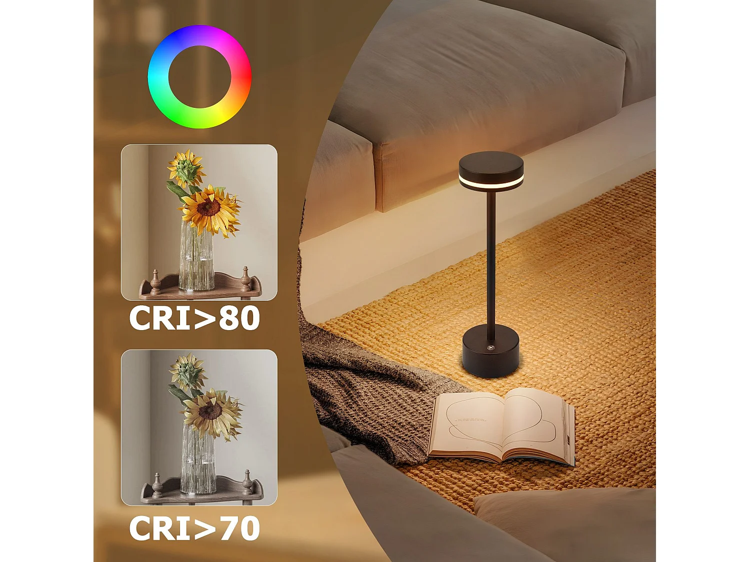 NETTLIFE Lampe de table led sans fil nettlife, lampe de chevet à intensité variable 3 000 k-6 500 k avec port usb-c, tactile, noire