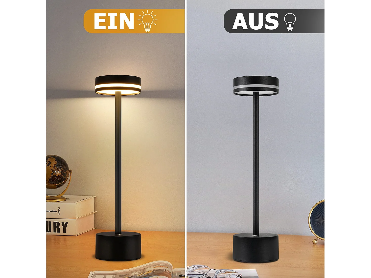 NETTLIFE Lampe de table led sans fil nettlife, lampe de chevet à intensité variable 3 000 k-6 500 k avec port usb-c, tactile, noire