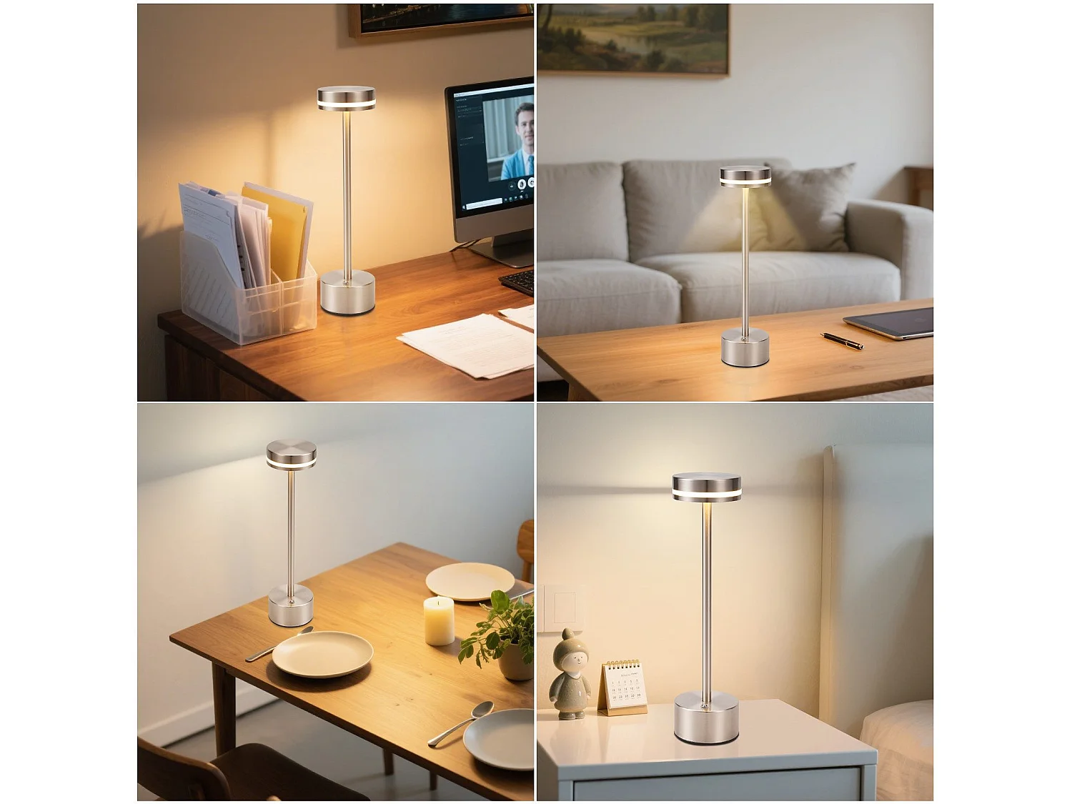 NETTLIFE Lampe de table à piles, lampe de table led sans fil, lampe de chevet à intensité variable 3 000 k-6 500 k avec usb-c, lampe tactile argentée