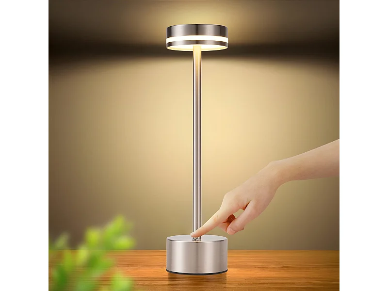 NETTLIFE Batteriebetriebene Tischlampe, kabellose LED-Tischlampe, 3000 K – 6500 K dimmbare Nachttischlampe mit USB-C, silberne Touch-Lampe