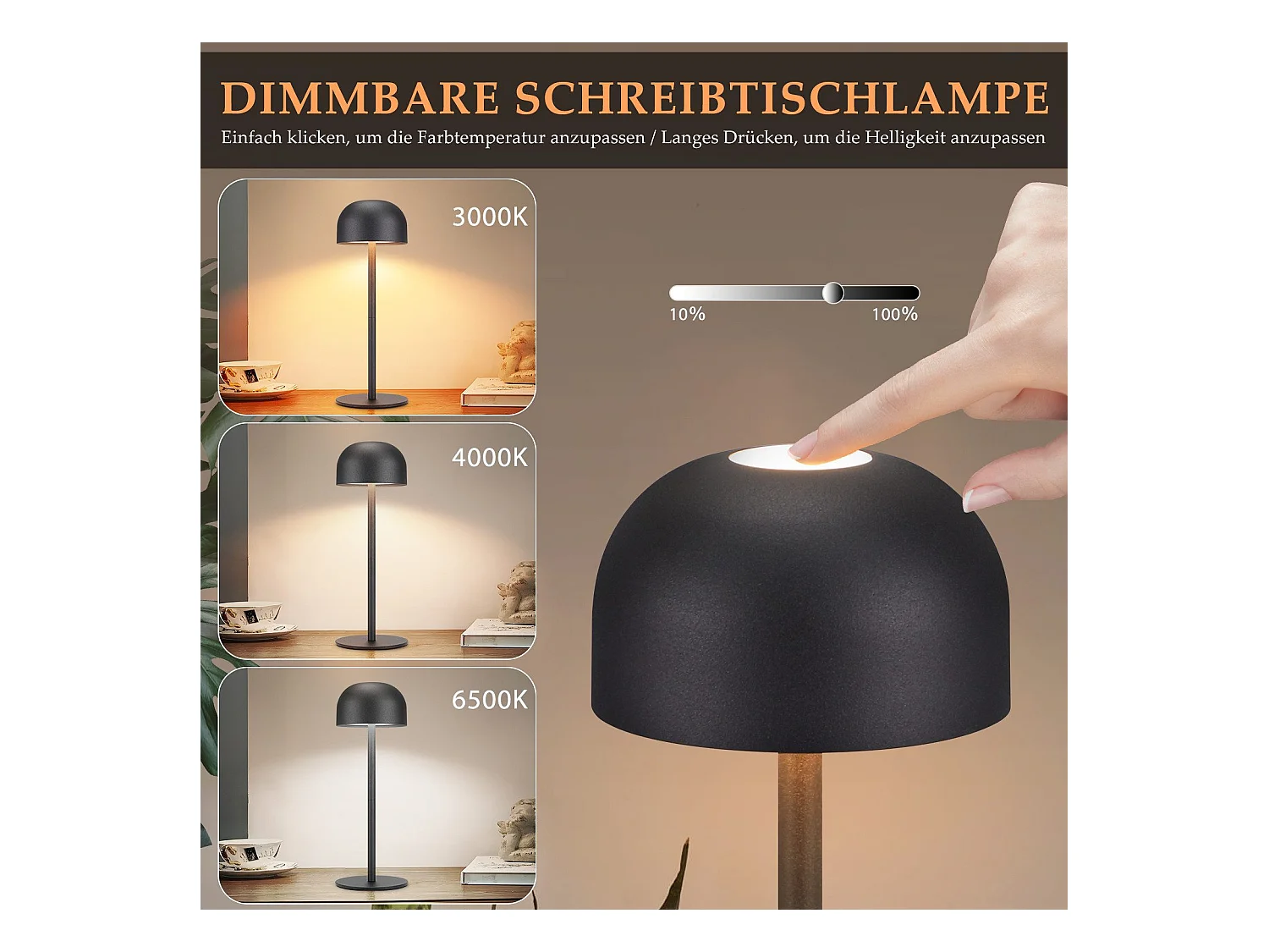 NETTLIFE Lot de 2 lampes de table LED sans fil : lampe de table tactile à intensité variable avec 3 températures de couleur et port USB