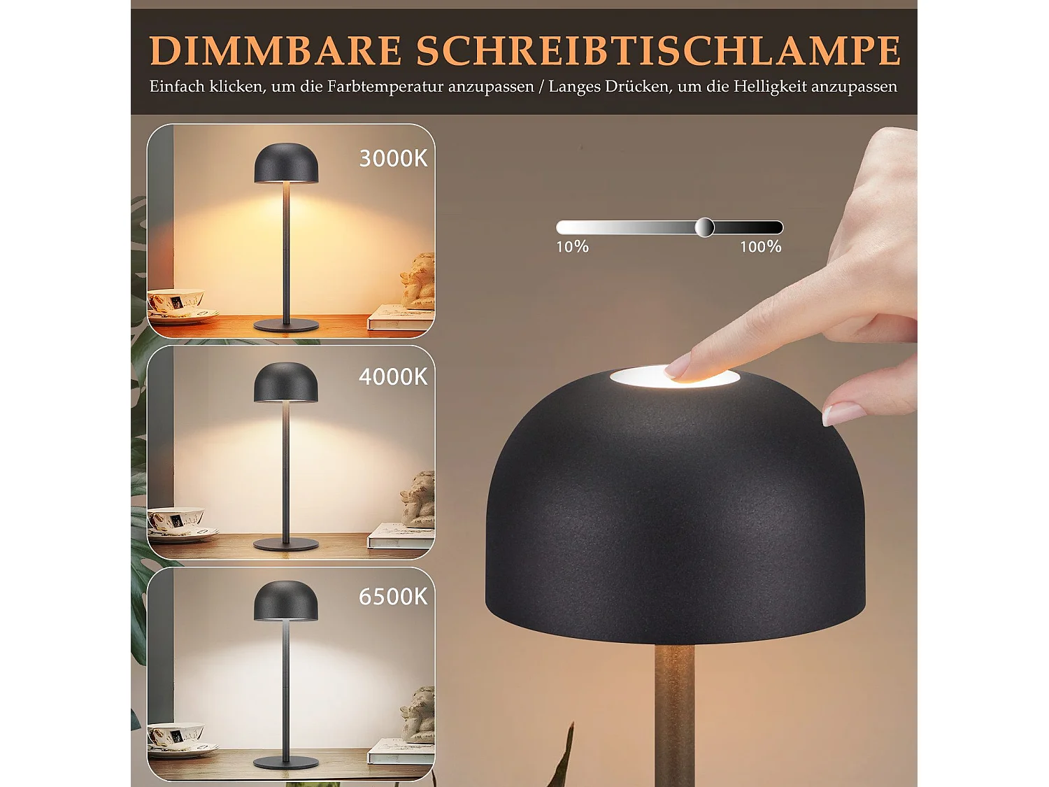 NETTLIFE Lot de 2 lampes de table LED sans fil : lampe de table tactile à intensité variable avec 3 températures de couleur et port USB