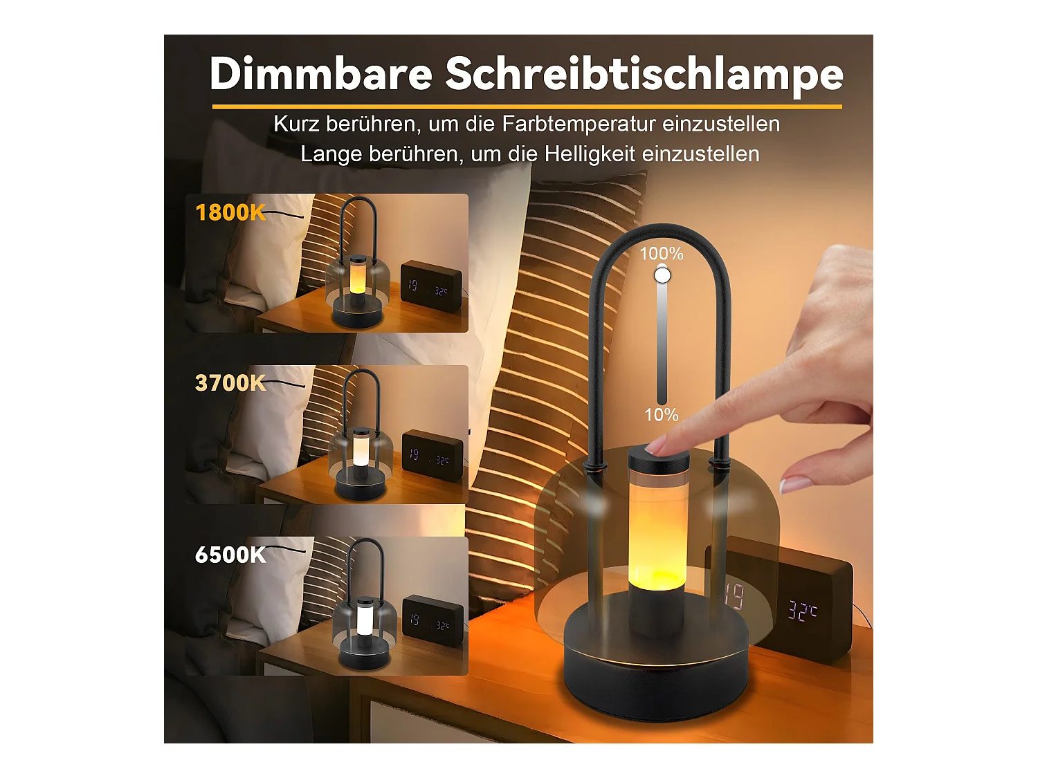 NETTLIFE Lampe de table portable à led nettlife, lampe de chevet sans fil, intensité variable 1800 k-6500 k, avec mémoire