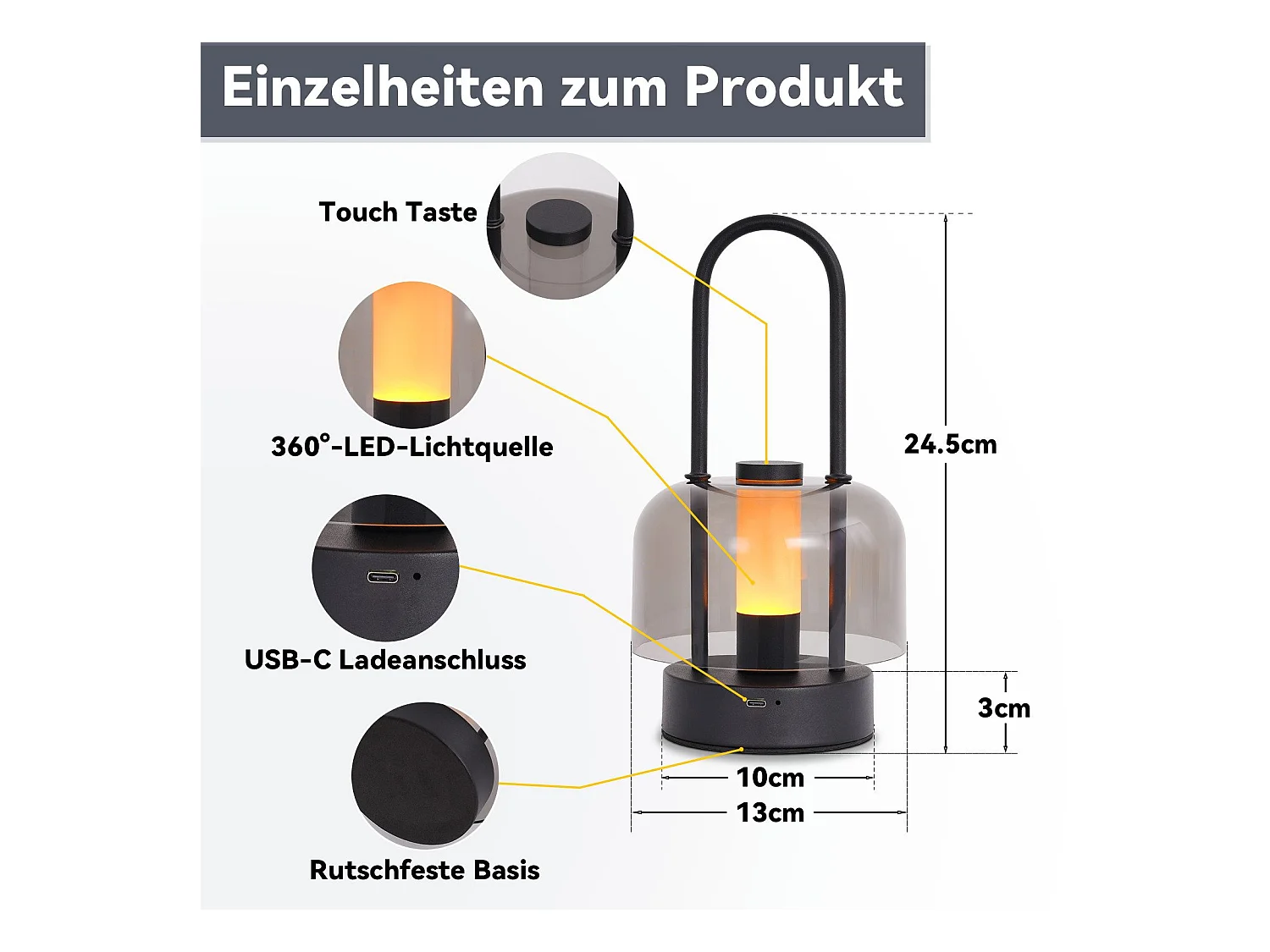 NETTLIFE Lampe de table portable à led nettlife, lampe de chevet sans fil, intensité variable 1800 k-6500 k, avec mémoire