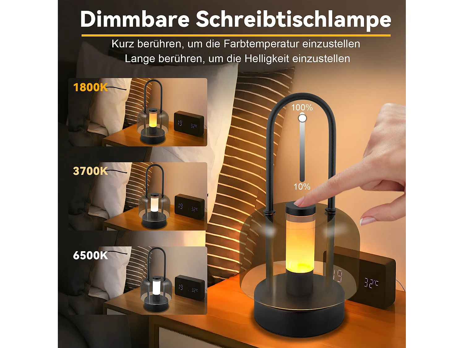 NETTLIFE Lampe de table portable à led nettlife, lampe de chevet sans fil, intensité variable 1800 k-6500 k, avec mémoire