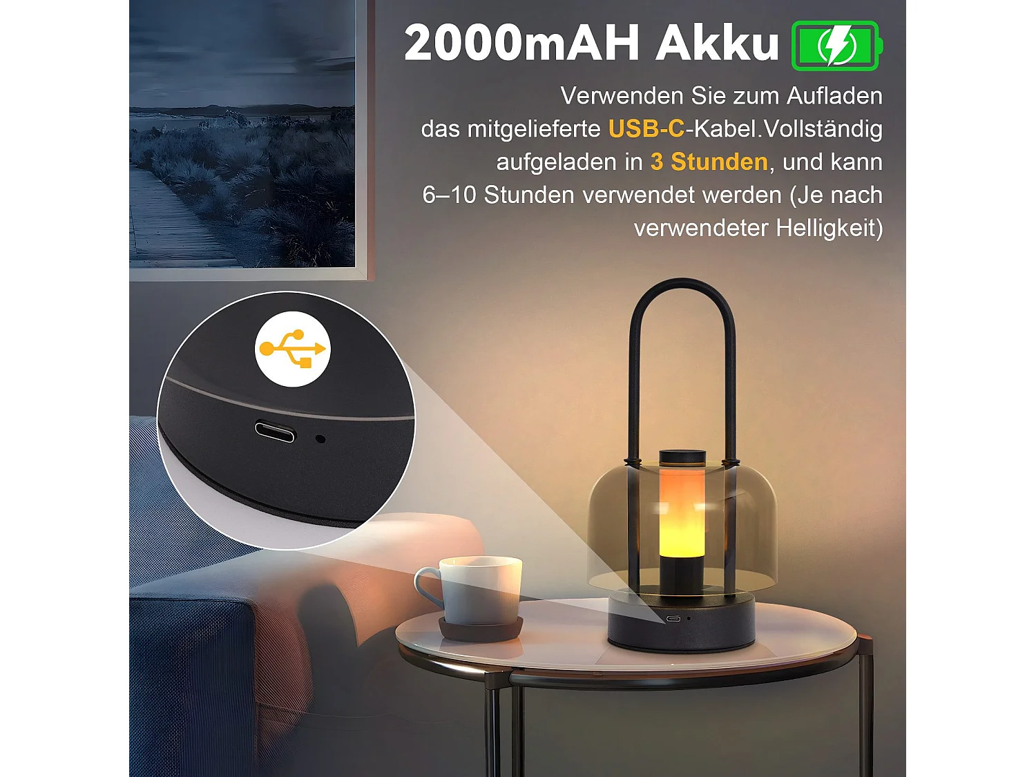 NETTLIFE Lampe de table portable à led nettlife, lampe de chevet sans fil, intensité variable 1800 k-6500 k, avec mémoire